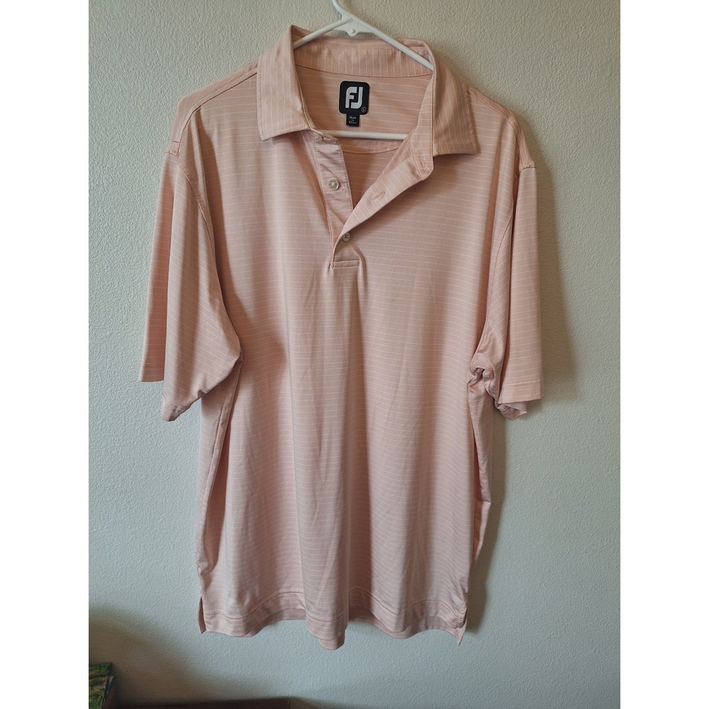 FootJoy Mens Striped Performance Golf Polo Shirt Peach Pink Large FJ Logo